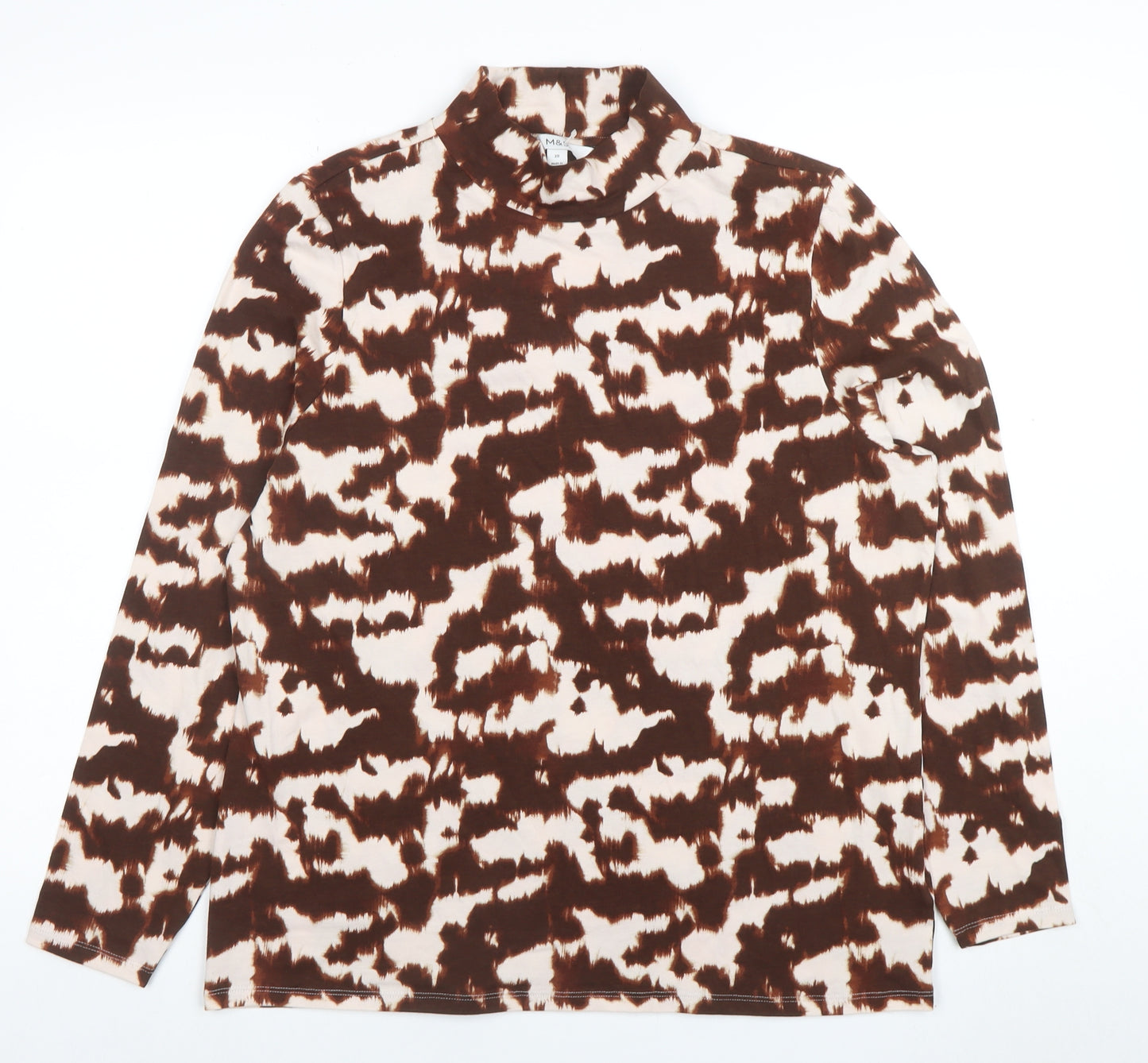 Marks and Spencer Women Brown Animal Print Mock Neck Long Sleeve T-Shirt Size 20