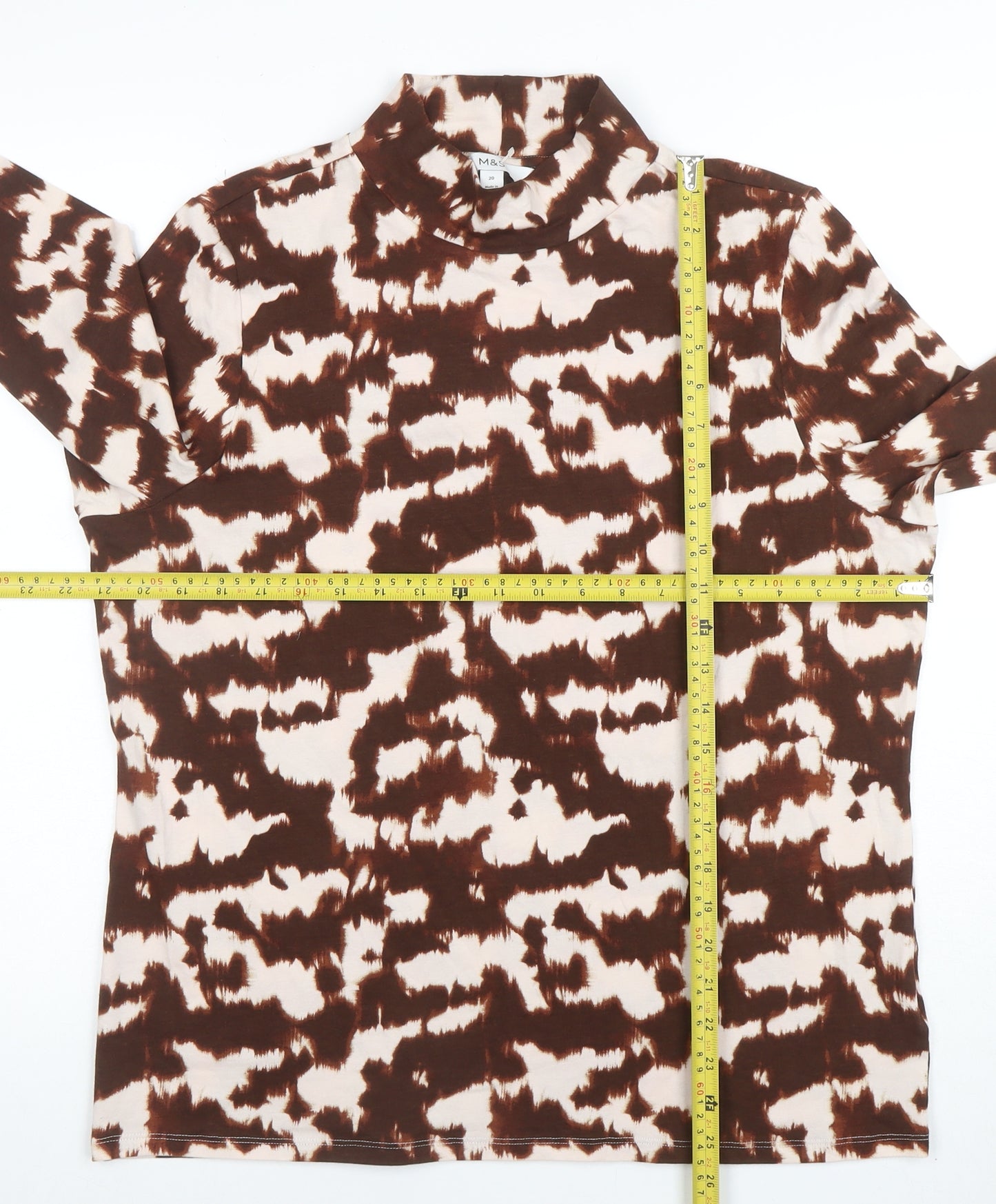 Marks and Spencer Women Brown Animal Print Mock Neck Long Sleeve T-Shirt Size 20