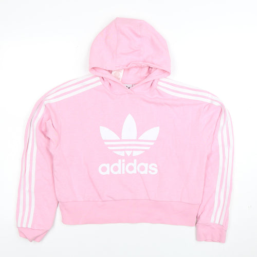 adidas Girls Pink Hooded Pullover Hoodie 13-14 Years Logo Lightweight