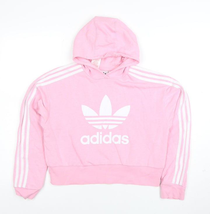 adidas Girls Pink Hooded Pullover Hoodie 13-14 Years Logo Lightweight