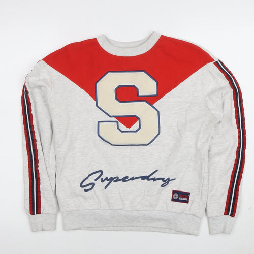 Superdry Womens Grey Red Crew Neck Sweatshirt Size S Varsity Style