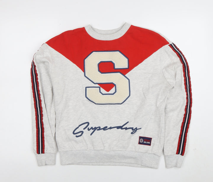 Superdry Womens Grey Red Crew Neck Sweatshirt Size S Varsity Style