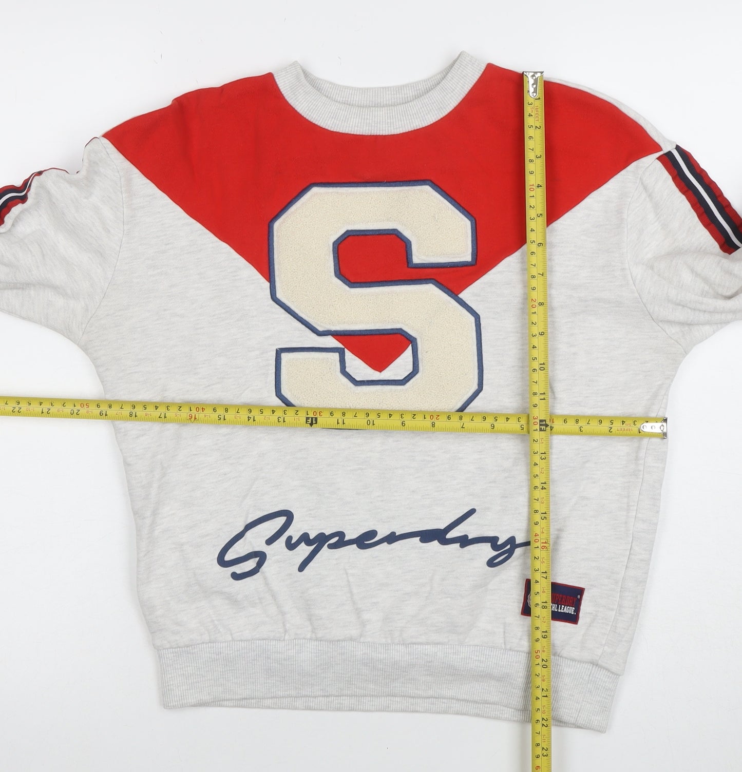 Superdry Womens Grey Red Crew Neck Sweatshirt Size S Varsity Style