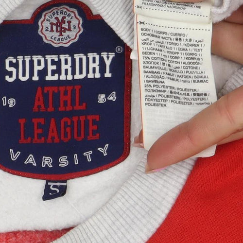 Superdry Womens Grey Red Crew Neck Sweatshirt Size S Varsity Style