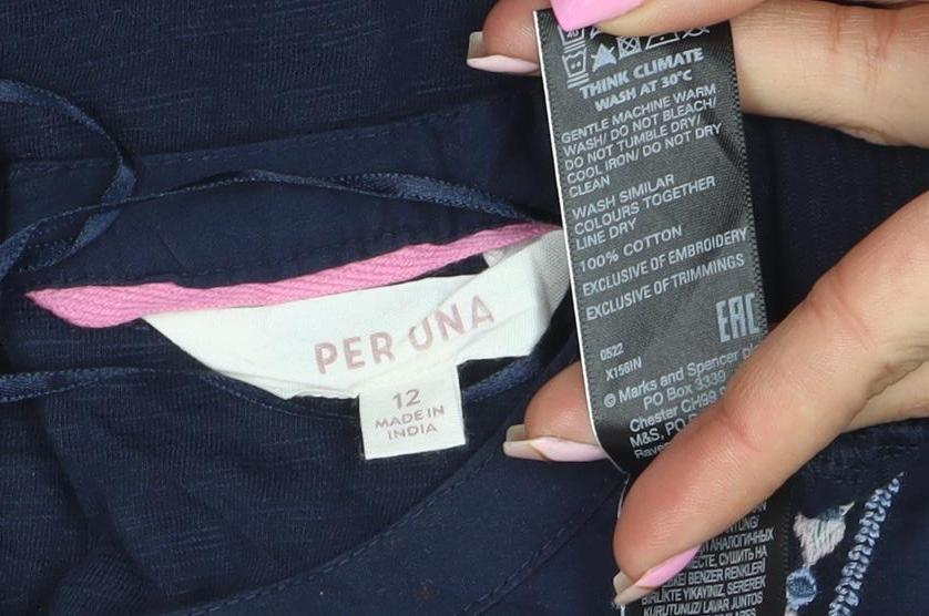 Per Una Women’s Blue Embroidered Cotton Long Sleeve Blouse Size 12