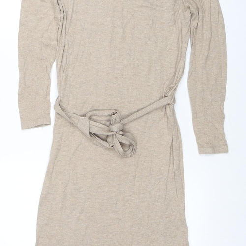 Mango Women Beige Jersey Wrap Belted Long Sleeve Dress XS