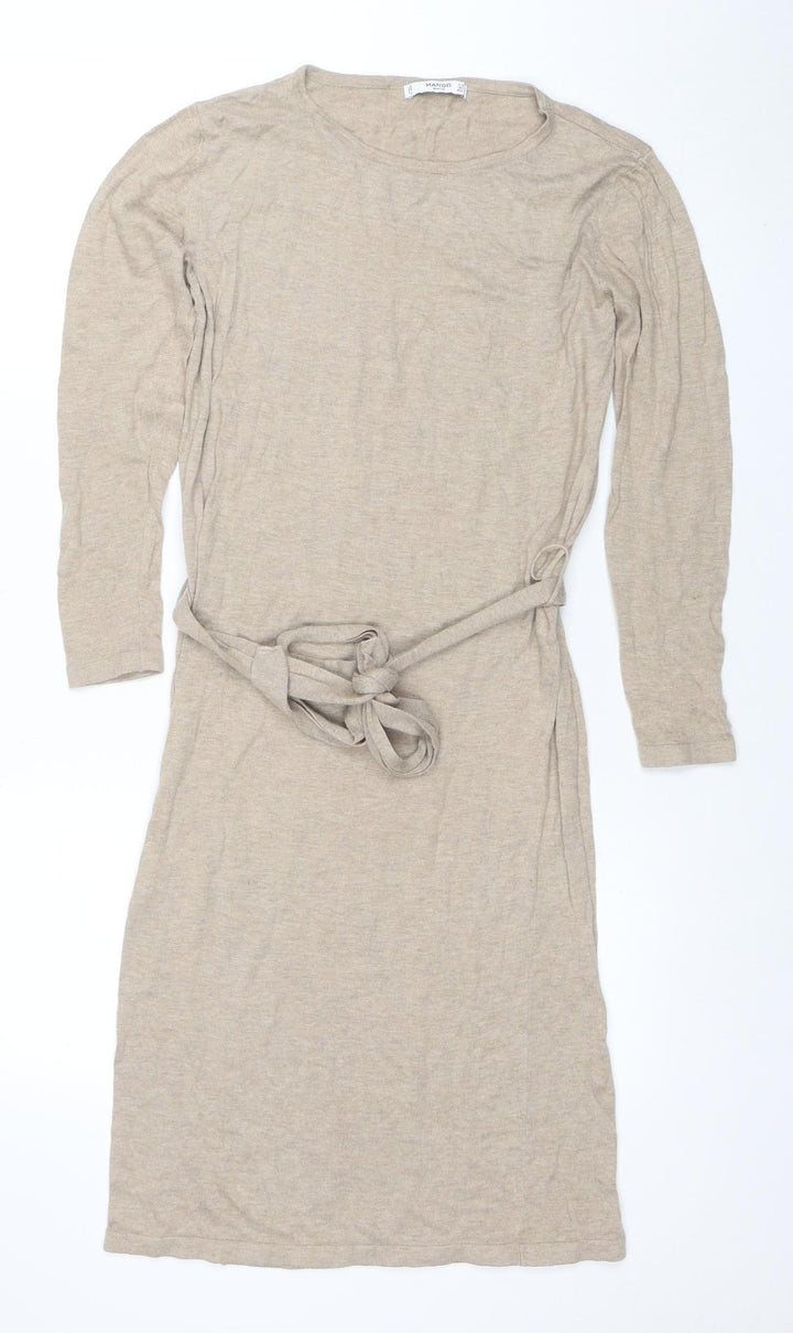 Mango Women Beige Jersey Wrap Belted Long Sleeve Dress XS