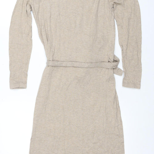 Mango Women Beige Jersey Wrap Belted Long Sleeve Dress XS