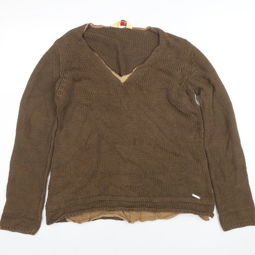Oltre Colline Women's Brown V-Neck Cotton Knit Jumper Size 14