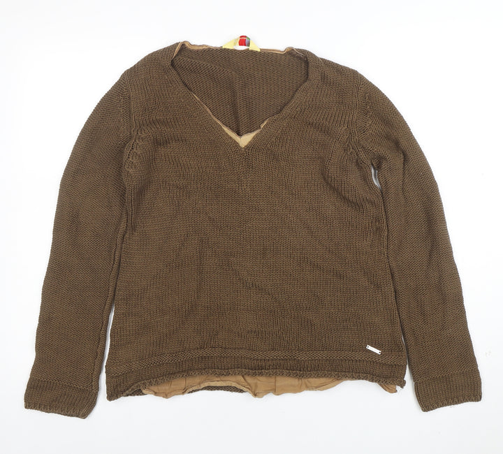 Oltre Colline Women's Brown V-Neck Cotton Knit Jumper Size 14