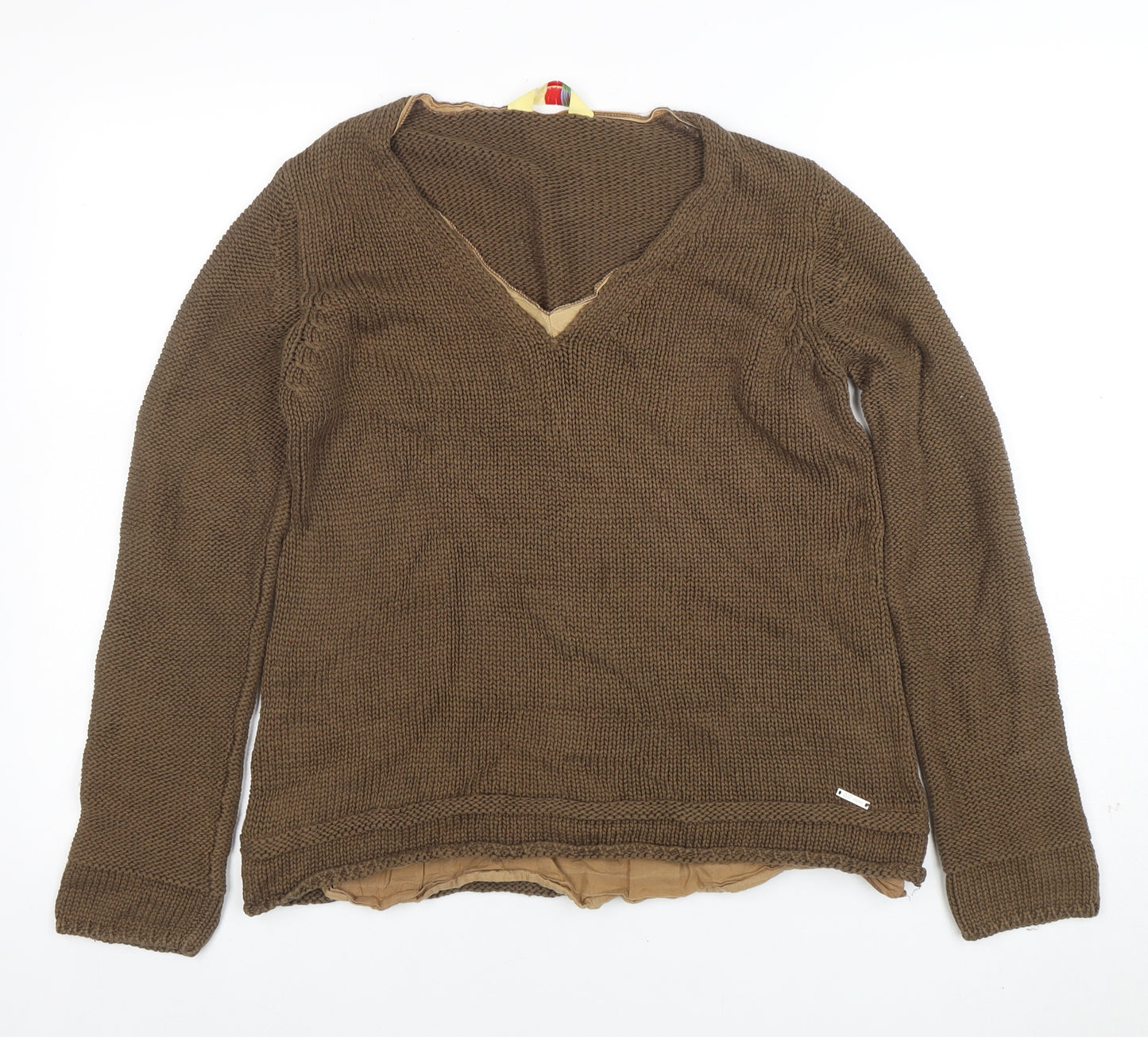 Oltre Colline Women's Brown V-Neck Cotton Knit Jumper Size 14