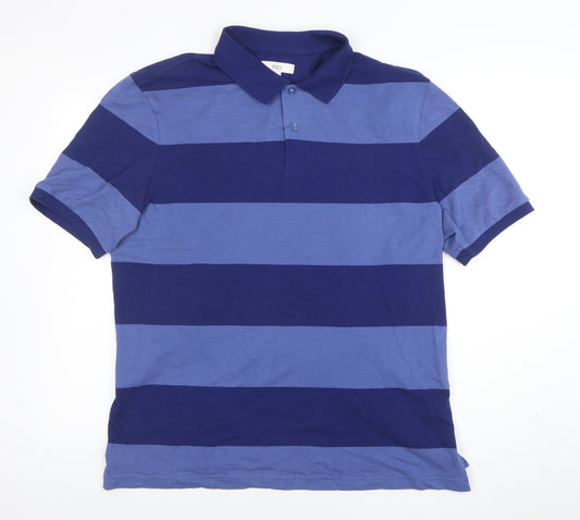 Marks and Spencer Men's Blue Striped Cotton Polo Shirt XL