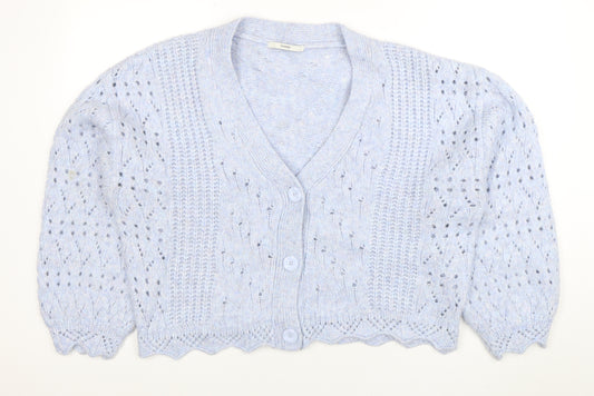 George Women Blue Open-Knit V-Neck Cardigan Size M 12-14