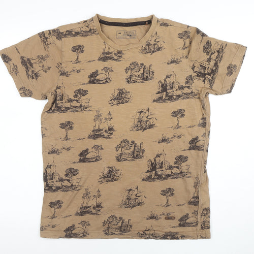 Basics Co Men's Beige Graphic Print Muscle Fit T-Shirt Size M