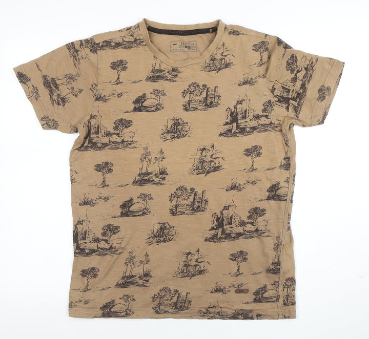 Basics Co Men's Beige Graphic Print Muscle Fit T-Shirt Size M