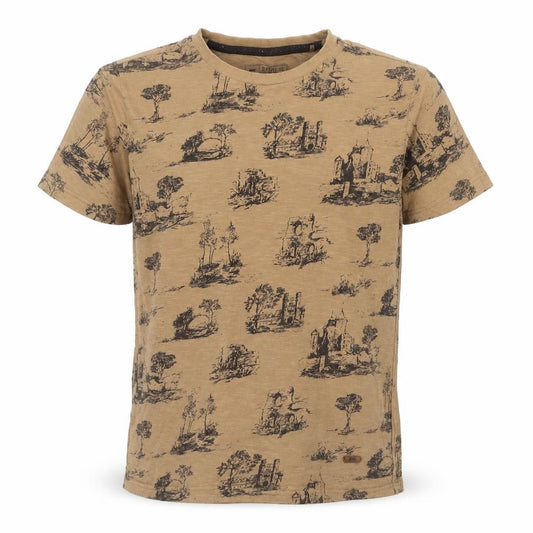 Front view of Basics Co Men's Beige Graphic Print Muscle Fit T-Shirt, size M