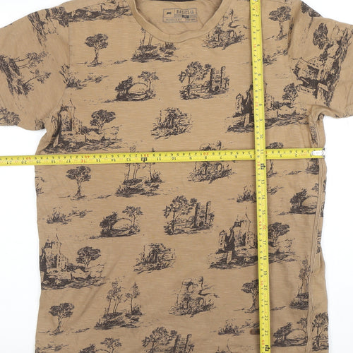 Basics Co Men's Beige Graphic Print Muscle Fit T-Shirt Size M