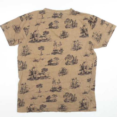 Basics Co Men's Beige Graphic Print Muscle Fit T-Shirt Size M
