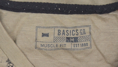 Basics Co Men's Beige Graphic Print Muscle Fit T-Shirt Size M