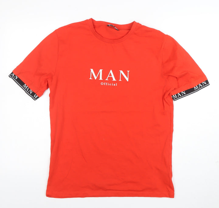 BoohooMAN Men's Red Crew Neck Short Sleeve Logo T-Shirt Size S