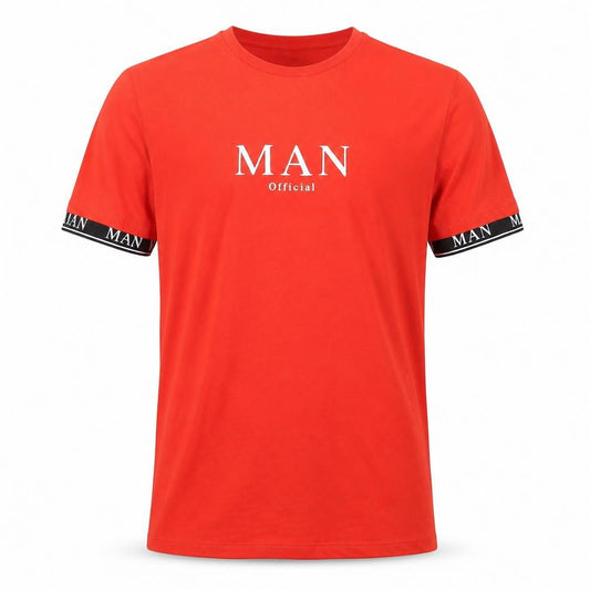 Front view of boohooMAN Men's Red Crew Neck Short Sleeve Logo T-Shirt, size S