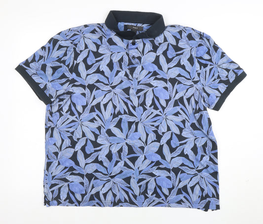 Marks and Spencer Men's Blue Floral Cotton Polo Shirt XL