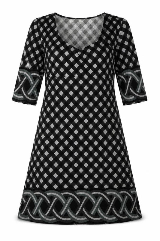 Front view of Culture Women Black Check A-Line 3/4 Sleeve Jersey Dress, size 10