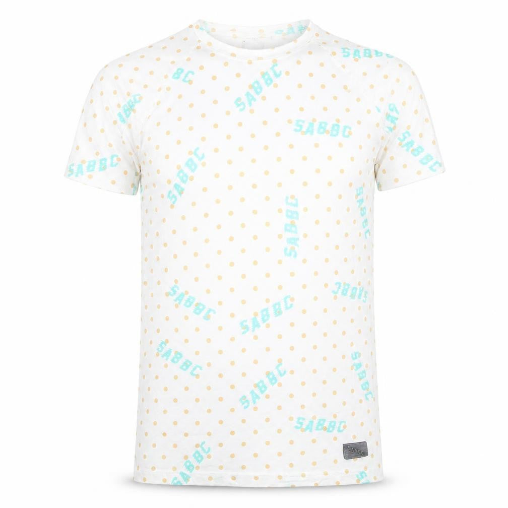 Front view of SABBBC Men's White Polka Dot Jersey T-Shirt, size S