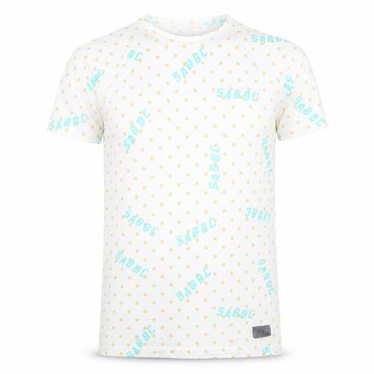 Front view of SABBBC Men's White Polka Dot Jersey T-Shirt, size S