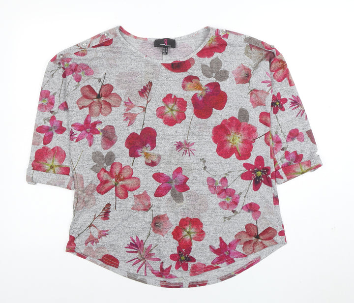 Simon Jefferay Womens Grey Floral 3/4 Sleeve Jersey T-Shirt Size 12