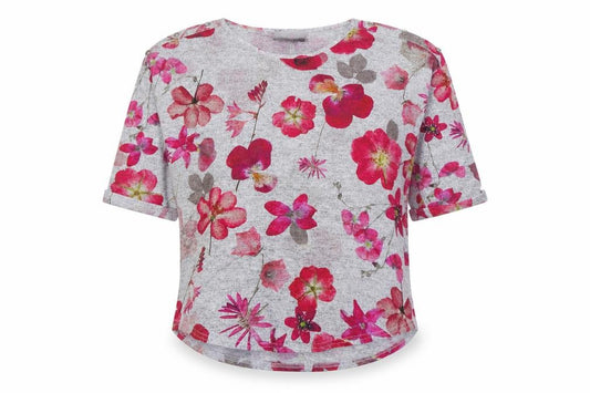 Front view of Simon Jefferay women’s grey floral 3/4 sleeve jersey t-shirt, size UK 12