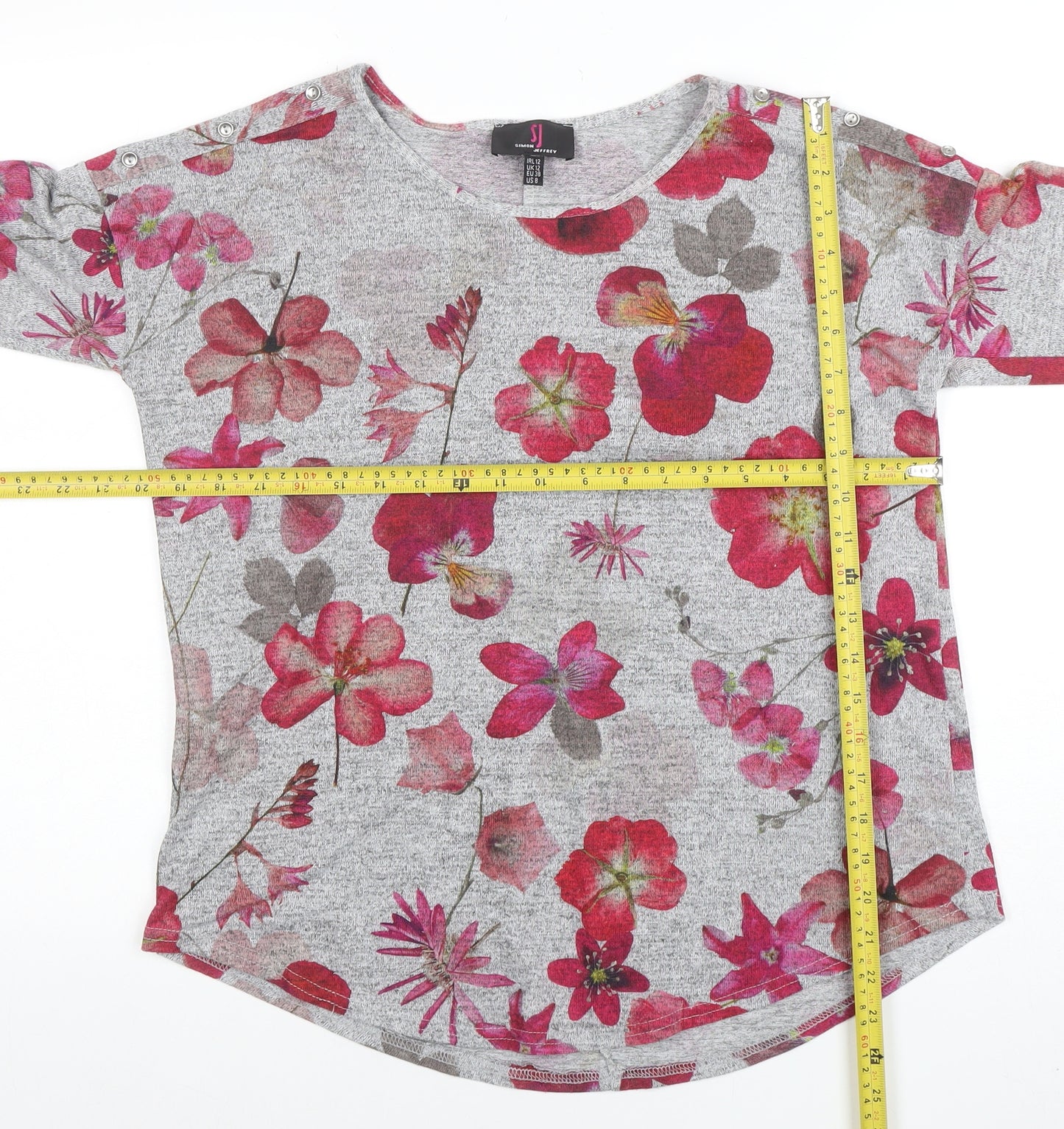 Simon Jefferay Womens Grey Floral 3/4 Sleeve Jersey T-Shirt Size 12