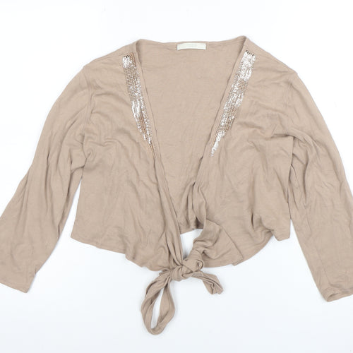 Marks and Spencer Women Beige Sequin Tie Cropped Cotton Blouse UK 14