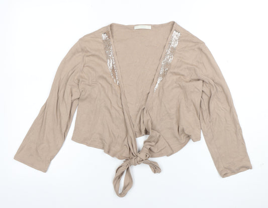 Marks and Spencer Women Beige Sequin Tie Cropped Cotton Blouse UK 14