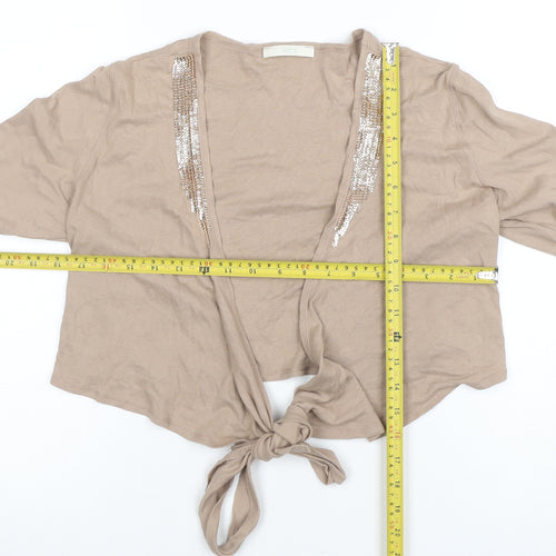 Marks and Spencer Women Beige Sequin Tie Cropped Cotton Blouse UK 14
