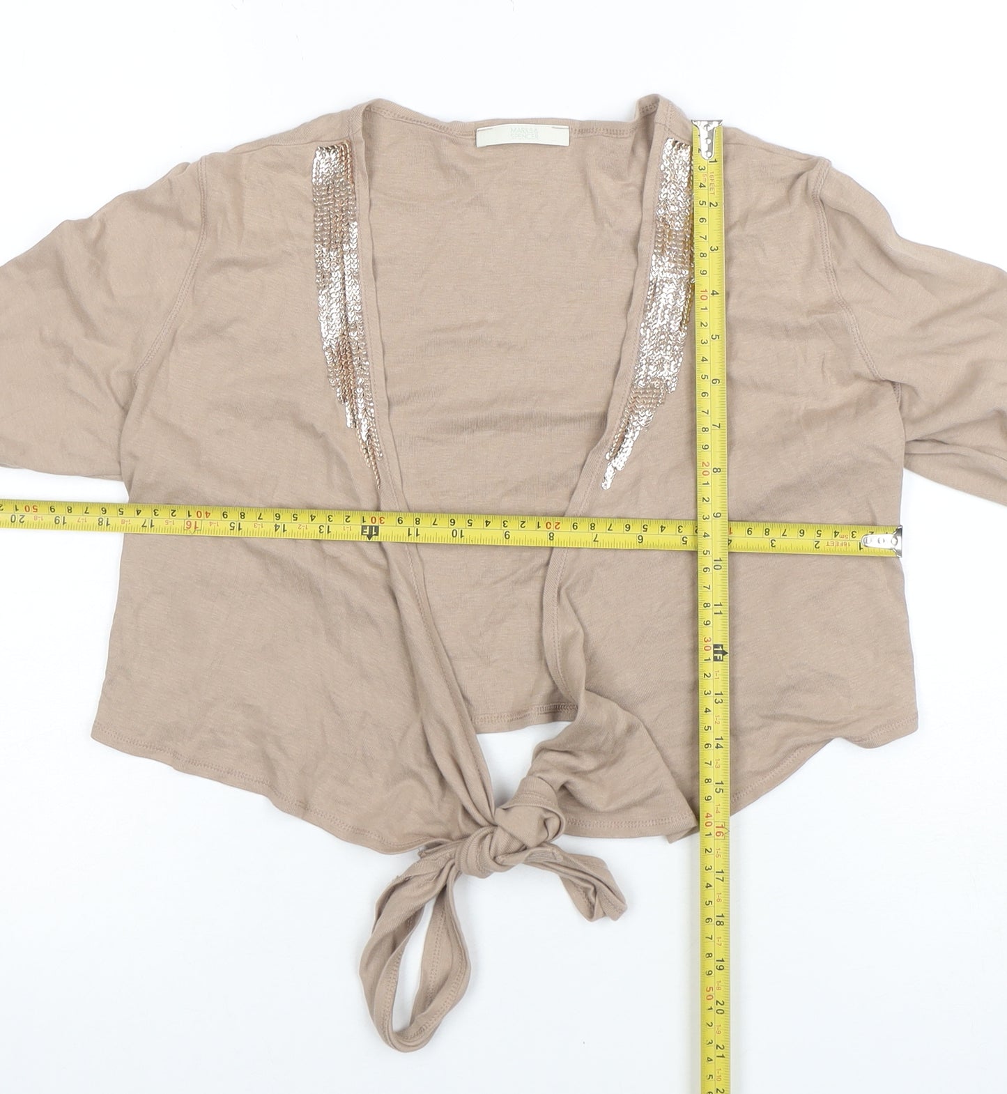 Marks and Spencer Women Beige Sequin Tie Cropped Cotton Blouse UK 14