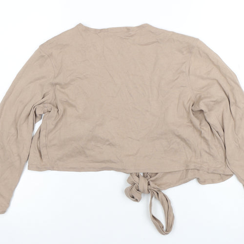 Marks and Spencer Women Beige Sequin Tie Cropped Cotton Blouse UK 14
