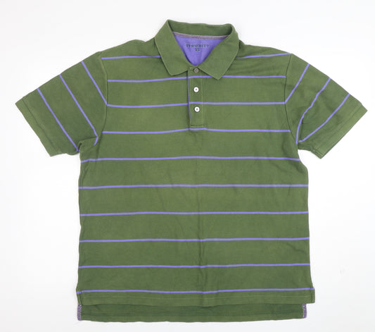 Tyrwhitt Men's Green Striped Cotton Polo Shirt XL Regular Fit