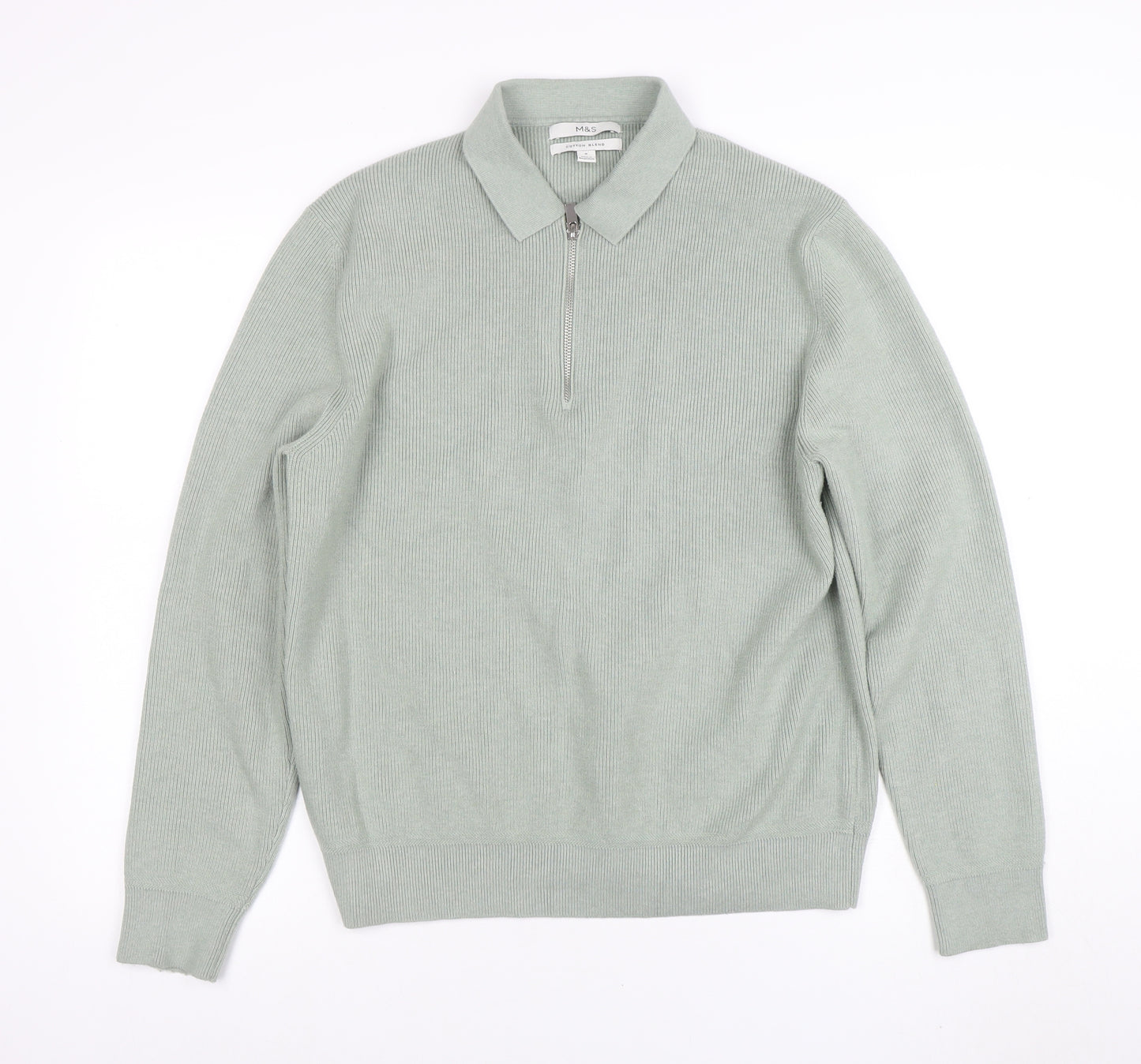 Marks and Spencer Men’s Green M Collared 1/2 Zip Cotton Blend Jumper