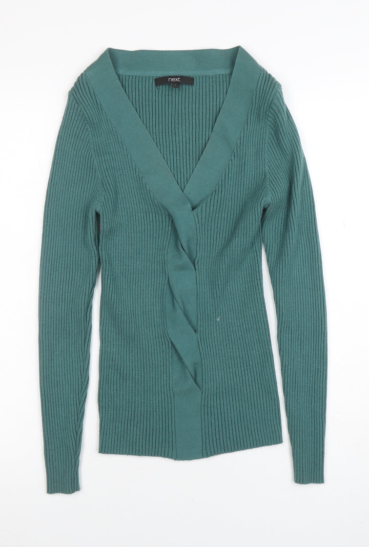 Next Women's Green V-Neck Ribbed Knit Cardigan Size S