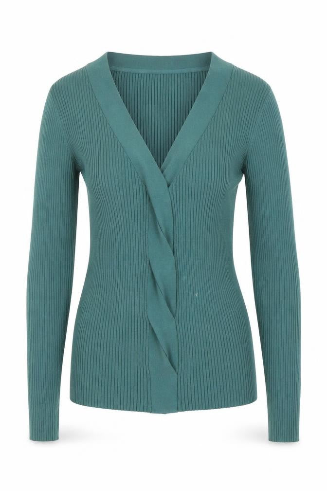 Front view of Next Women's Green V-Neck Ribbed Knit Cardigan, size S