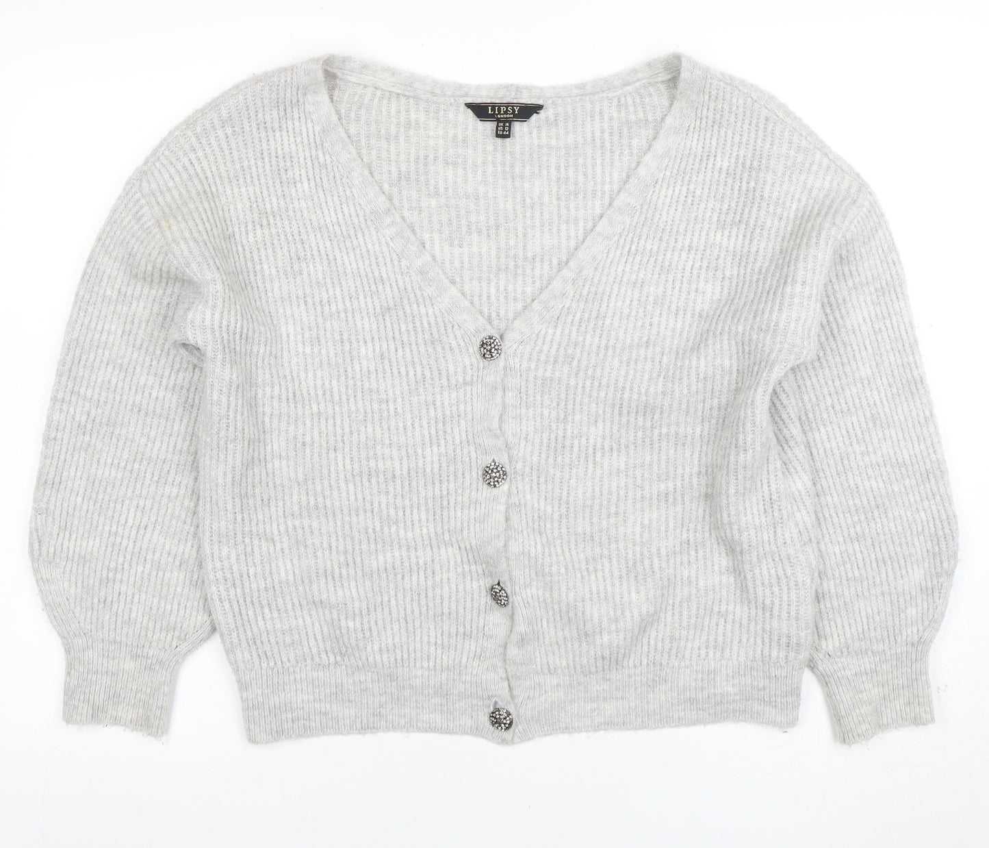 Lipsy Women’s Grey V-Neck Button Cardigan UK 16 Acrylic Knit