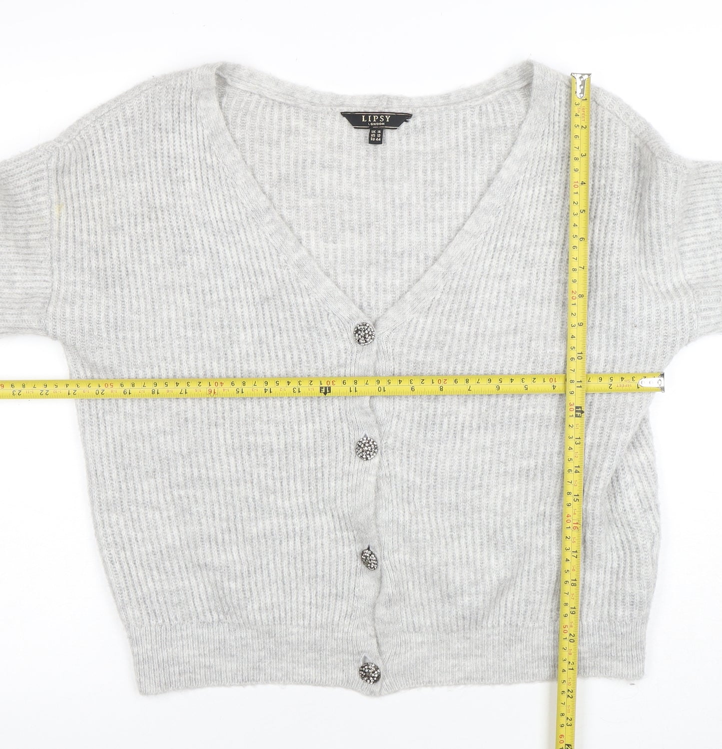 Lipsy Women’s Grey V-Neck Button Cardigan UK 16 Acrylic Knit