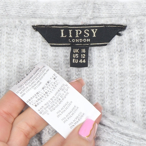 Lipsy Women’s Grey V-Neck Button Cardigan UK 16 Acrylic Knit
