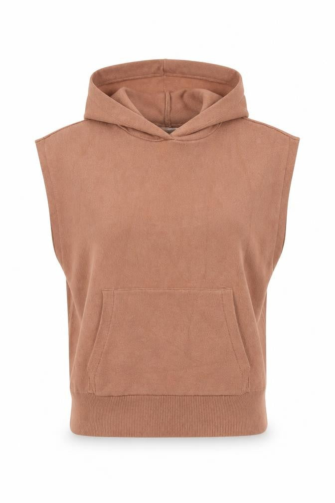 Front view of Mango Women's Brown Sleeveless Hooded Pullover Knit Jumper XS