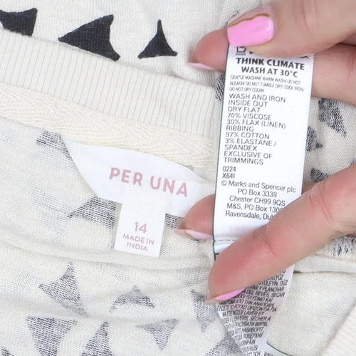 Per Una Women Beige Geometric Cotton Linen T-Shirt Size 14