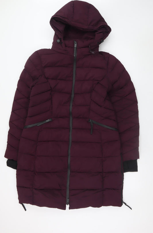 Marks and Spencer Women’s Purple Long Puffer Coat Size 16 Hooded Zip Winter Jacket