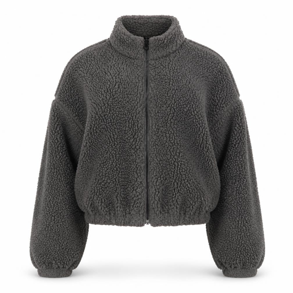 Front view of Nicki Studios Women Grey XS Cropped Fleece Zip Jacket