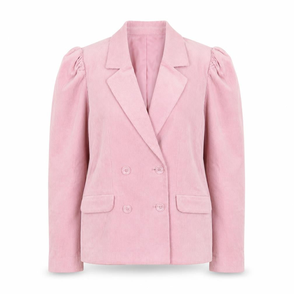 Front view of Monki Women Pink Corduroy Blazer, size 8, Double Breasted Jacket