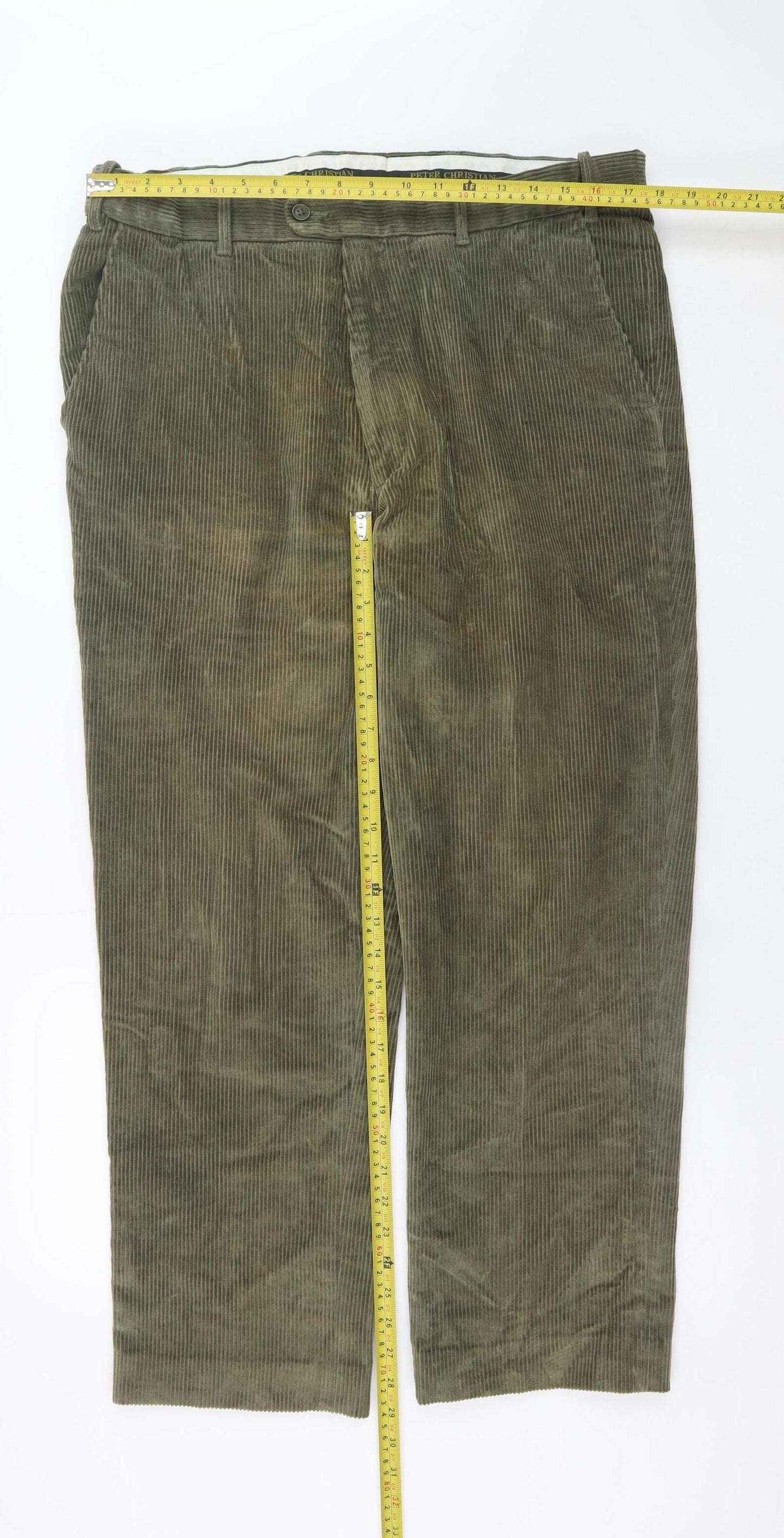Peter Christian Men's Green Corduroy Chino Trousers W38 L30 Cotton